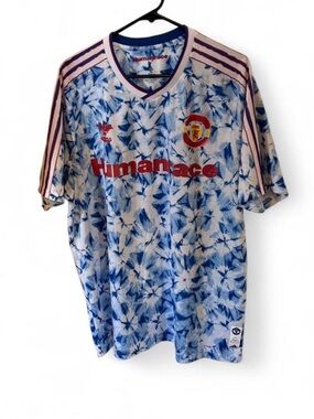 adidas Blue White Tie-Dye Soccer Jersey with Red Accents